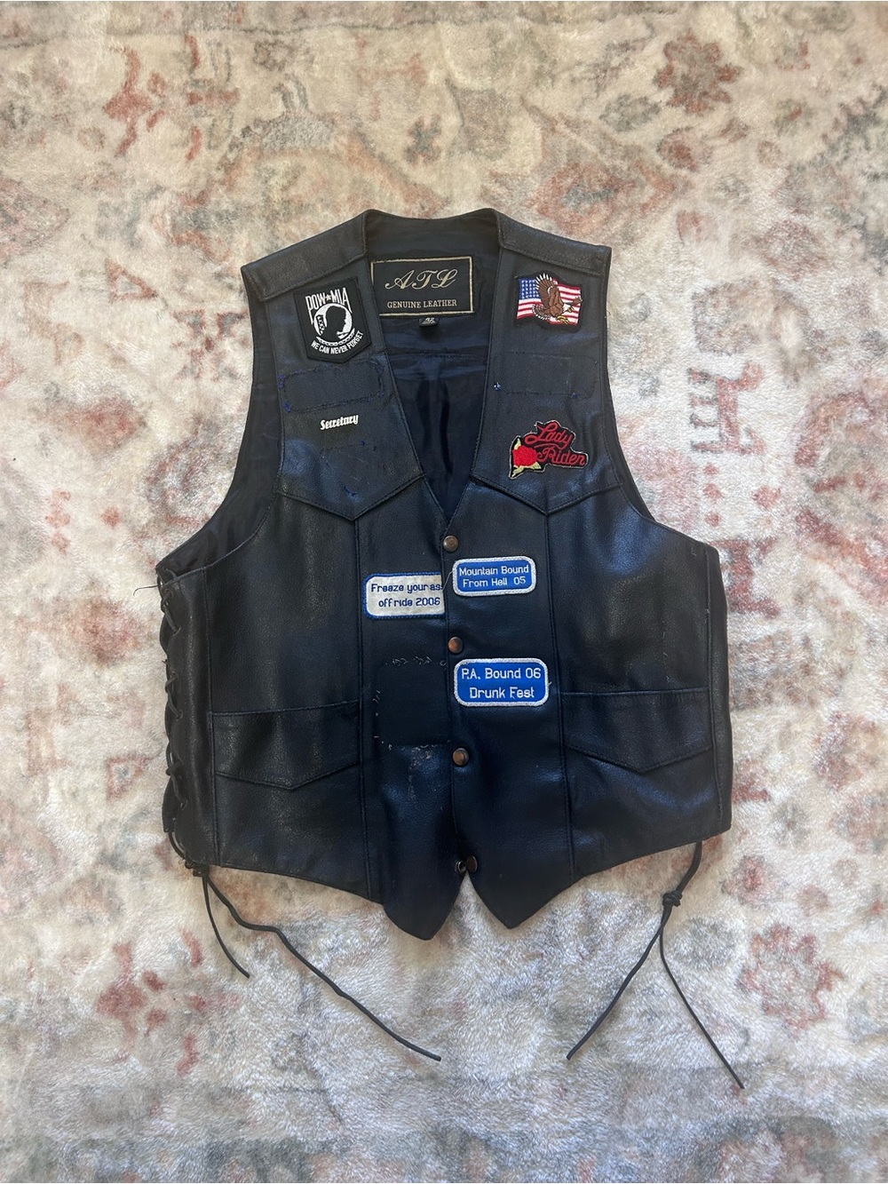 Karen Davidson Signed Leather Vest Black Leather Biker Vest with Patches